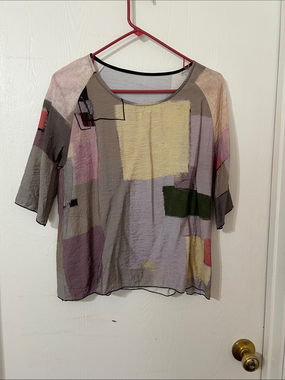 3 Potato Abstract Block Print Women's Top in Taupe and Pastel